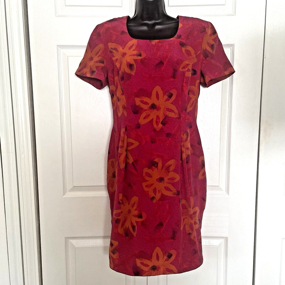 Vintage 90s Maggie London Silk Dress Women 10 Red Orange Floral Bloomcore Sheath - Picture 1 of 10